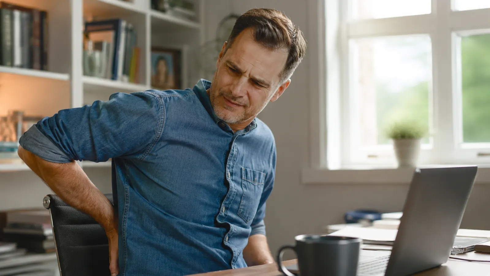 Man sitting at a home desk rubbing his lower back after a long stretch of work
