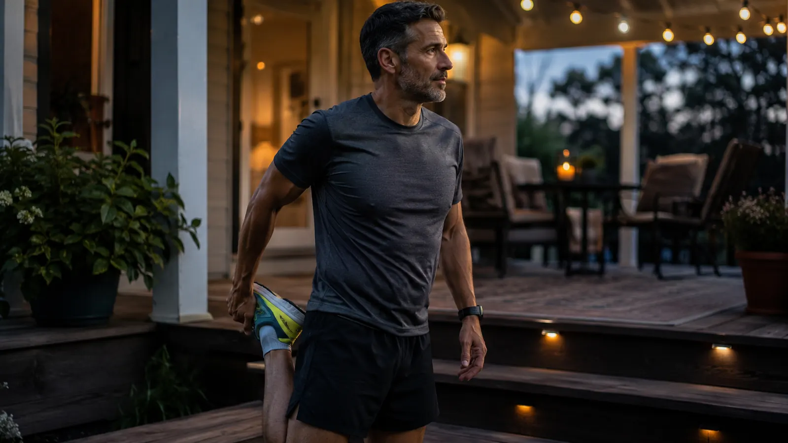 Runner in his 40s stretching on a porch at dusk after a long training run