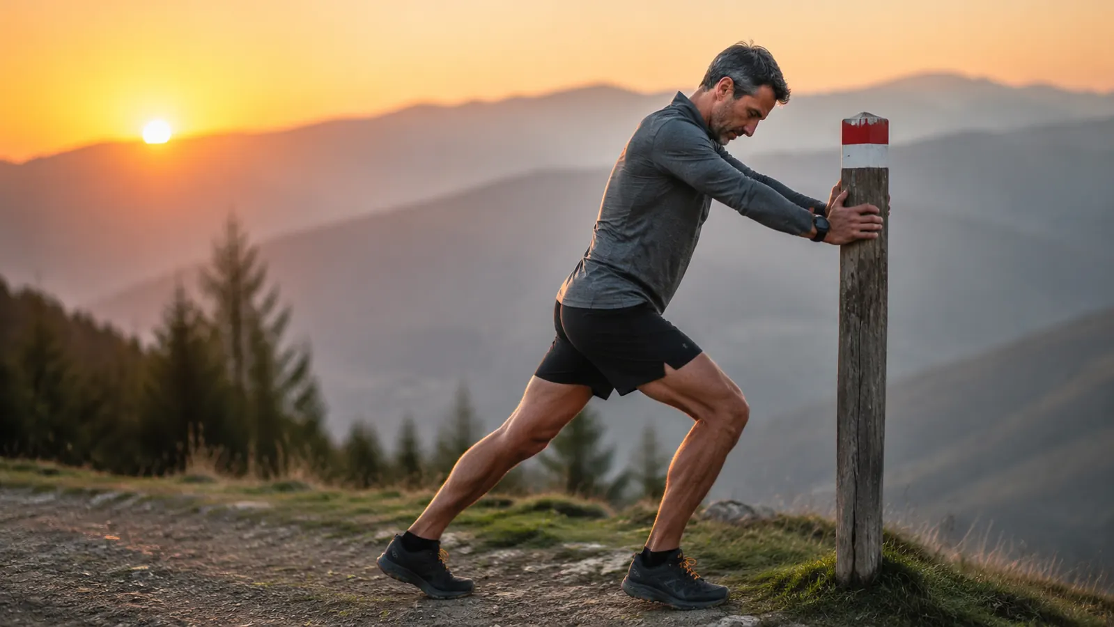 Runner stretching calves on a trail at sunrise before a workout