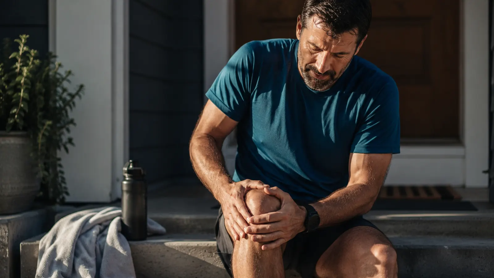 Man in his 40s finishing a run, stretching his knee on a porch step with a water bottle nearby