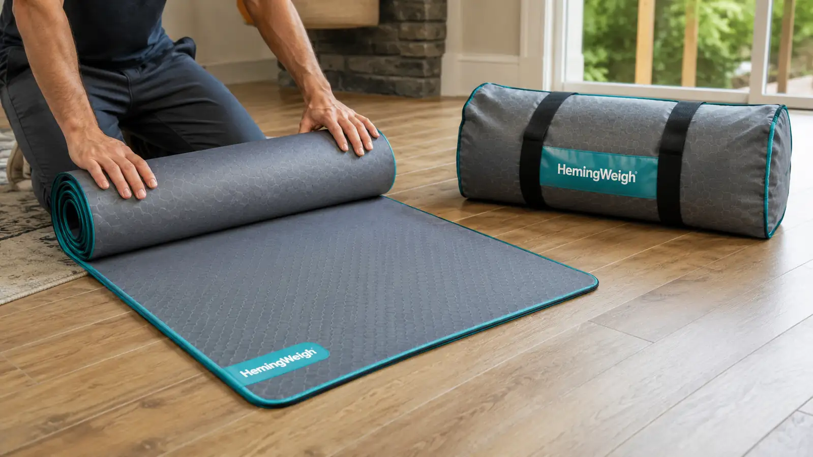 Close-up of hands unrolling the HemingWeigh acupressure mat and matching pillow onto a hardwood floor