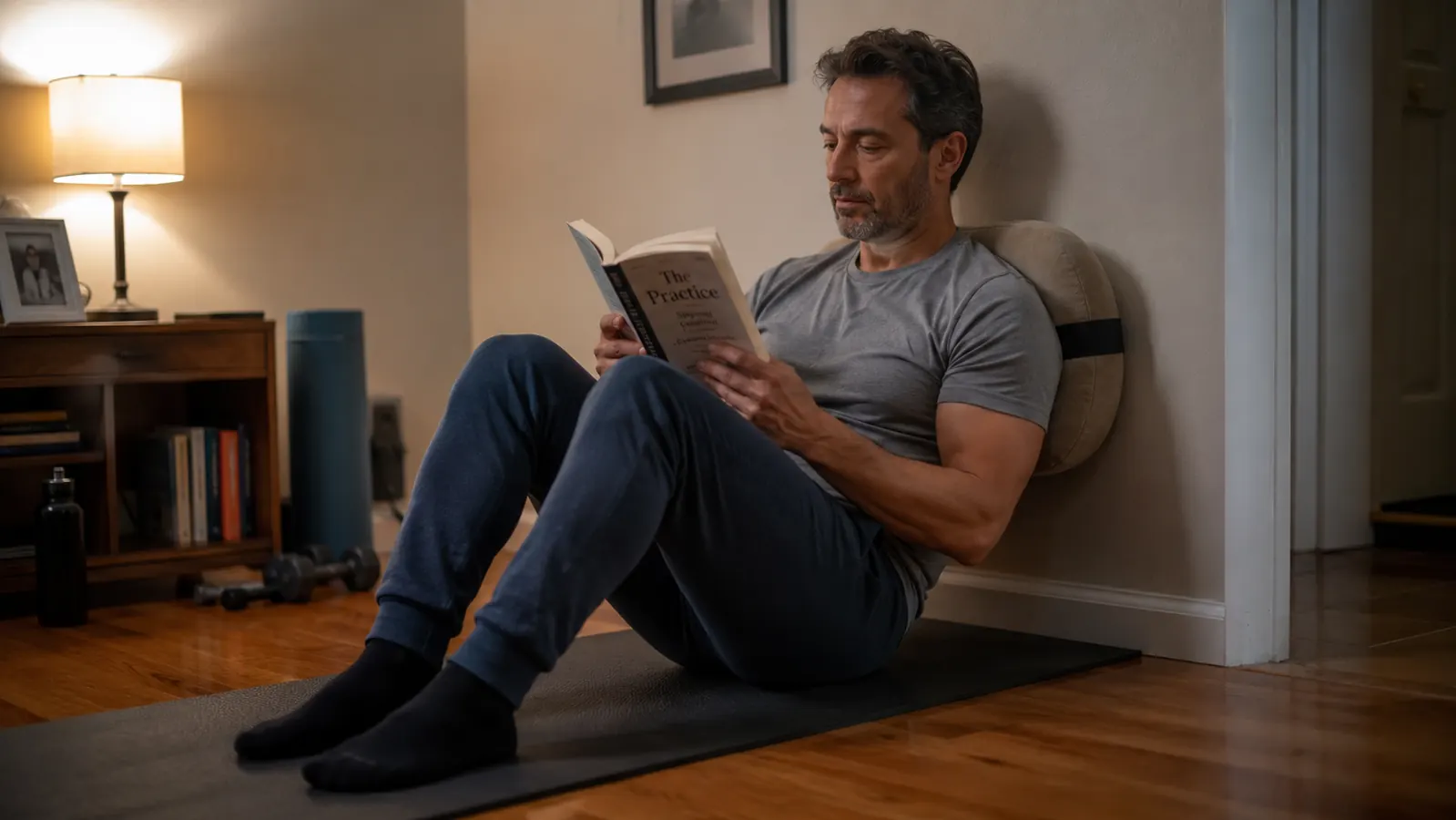Man sitting cross-legged on the acupressure mat against a couch, reading, with the pillow tucked behind his neck