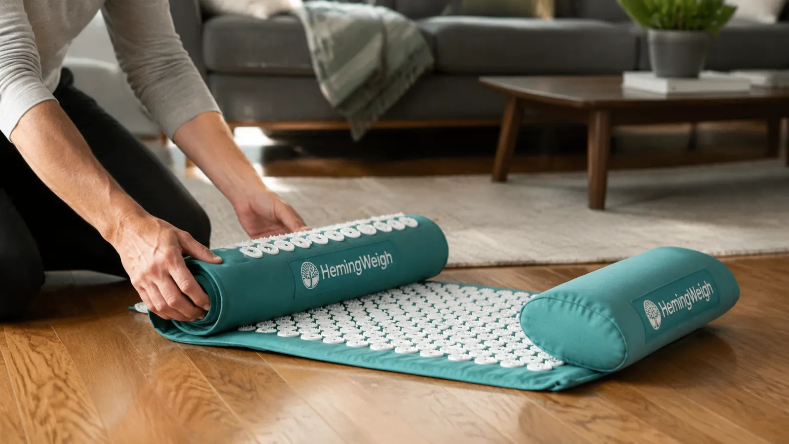Close-up of hands unrolling a spiked acupressure mat with matching pillow on a living room rug