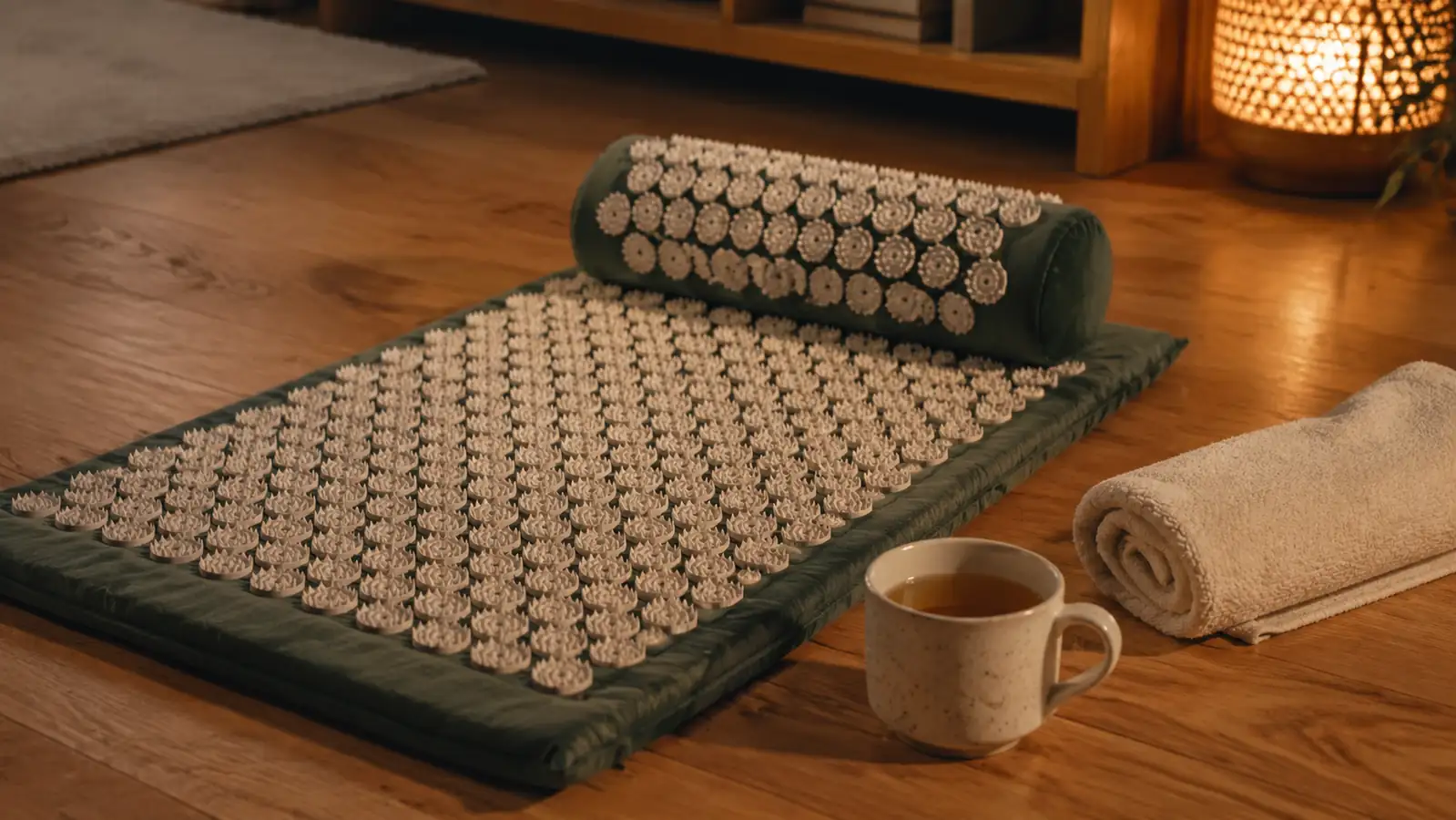 Acupressure mat and matching neck pillow set laid out neatly on a wood floor beside a rolled yoga mat in warm evening light