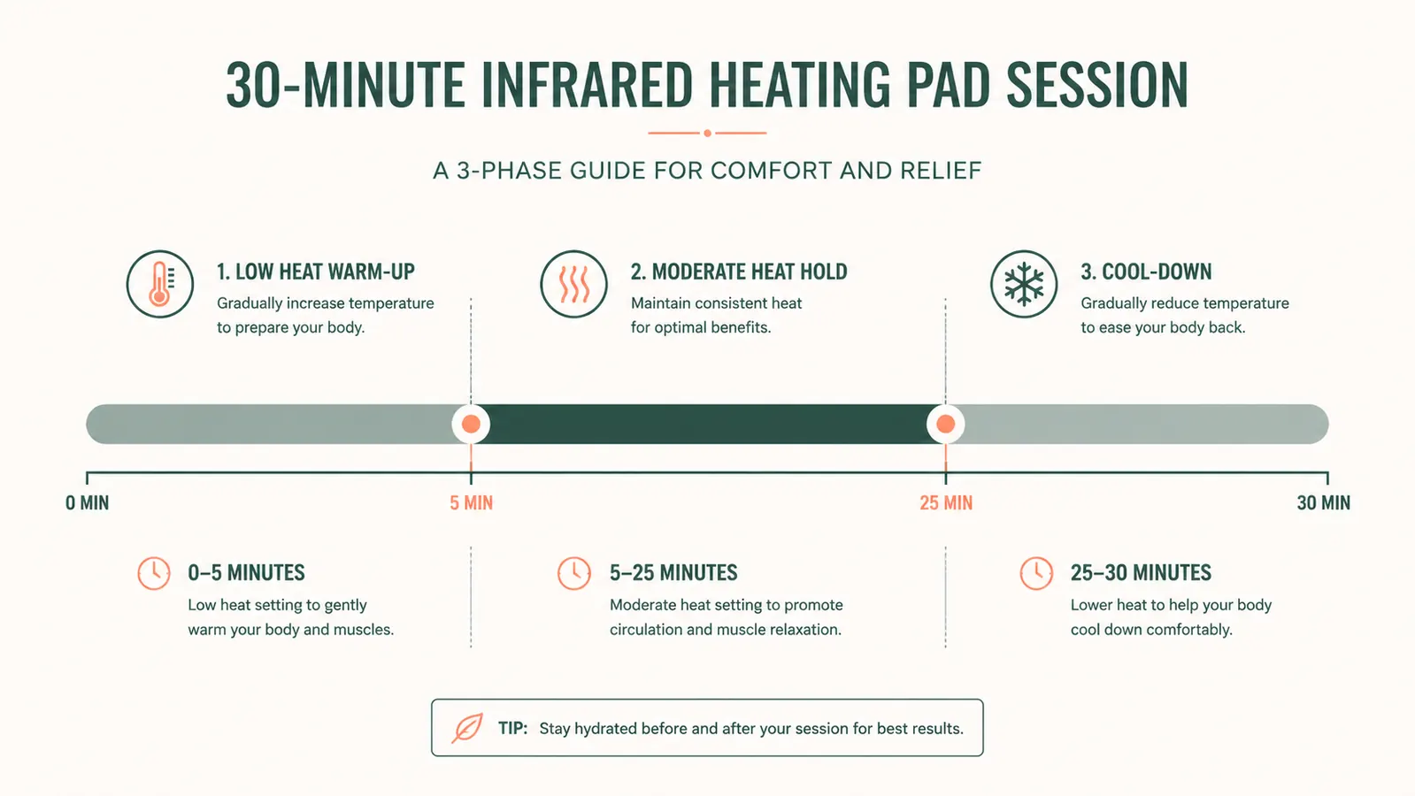 Simple chart showing a suggested infrared heating pad session timeline from low to moderate heat over 30 minutes