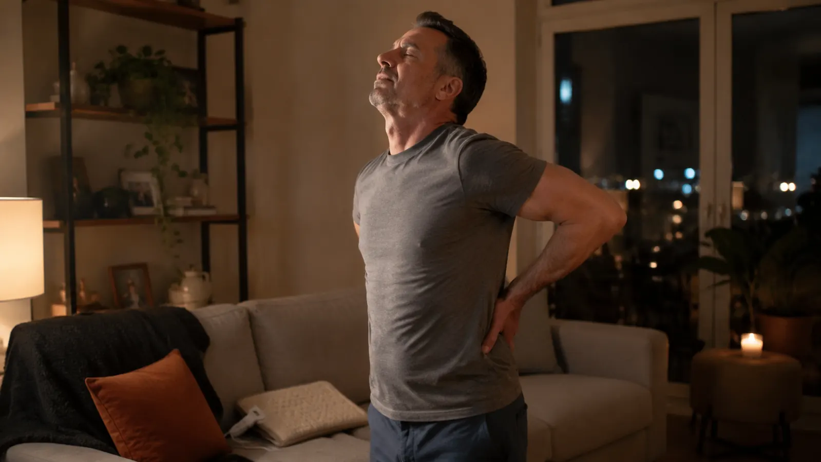 Man standing up from the couch after a heating pad session, stretching his lower back with more ease