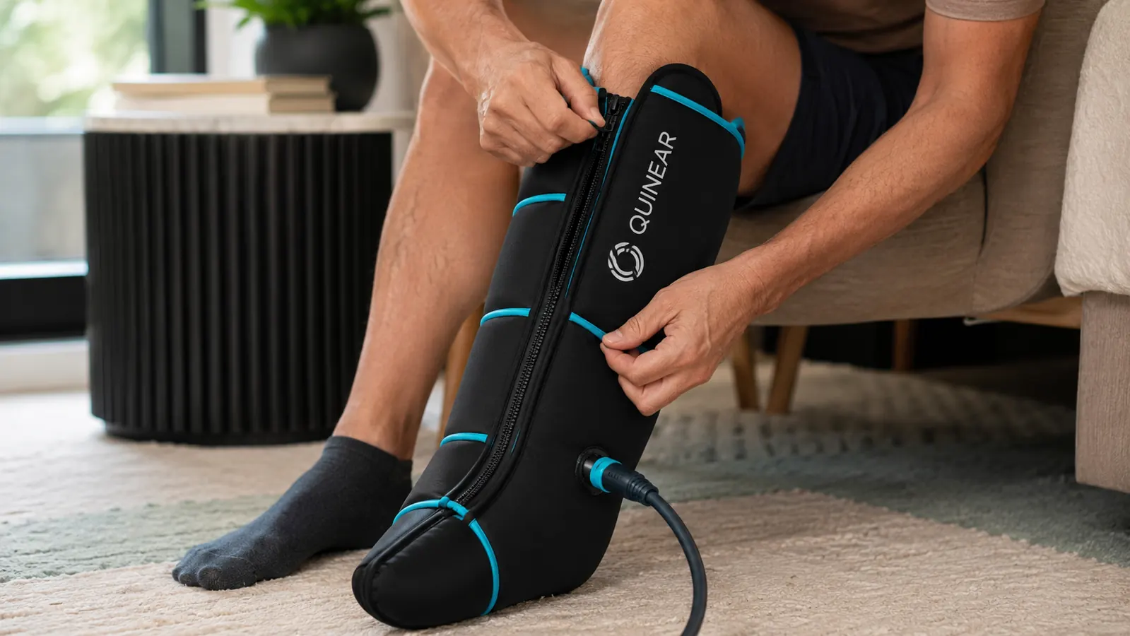Close-up of hands zipping up a sequential air compression boot around a calf