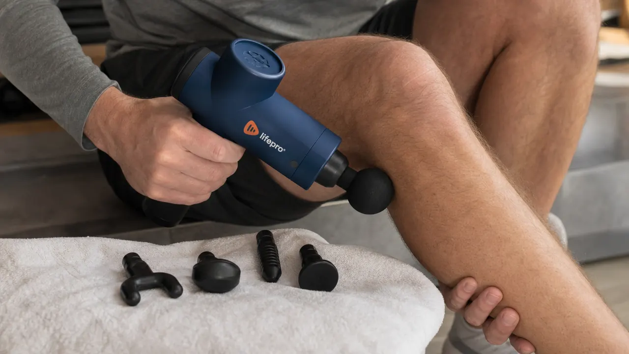 Close-up of a hand holding the Lifepro massage gun with the ball attachment against a calf muscle