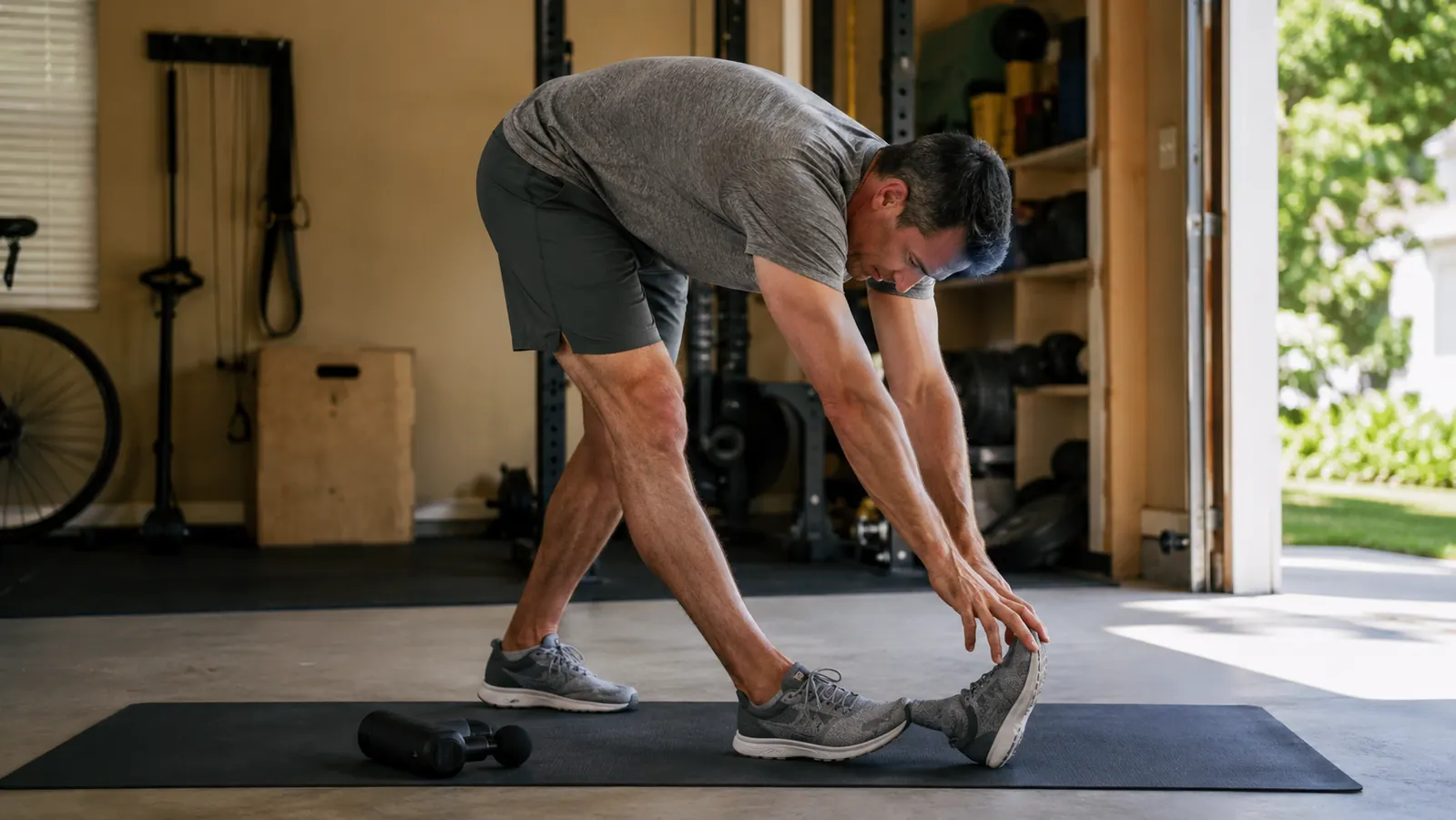 Man stretching his hamstring on a yoga mat after finishing a massage gun recovery session