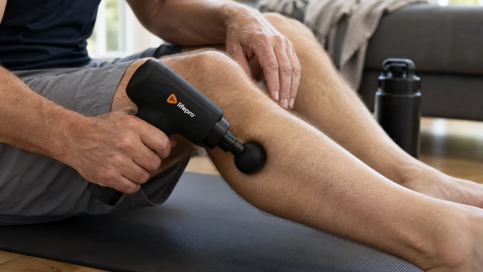 Hand holding a percussion massage gun against a calf muscle on a yoga mat