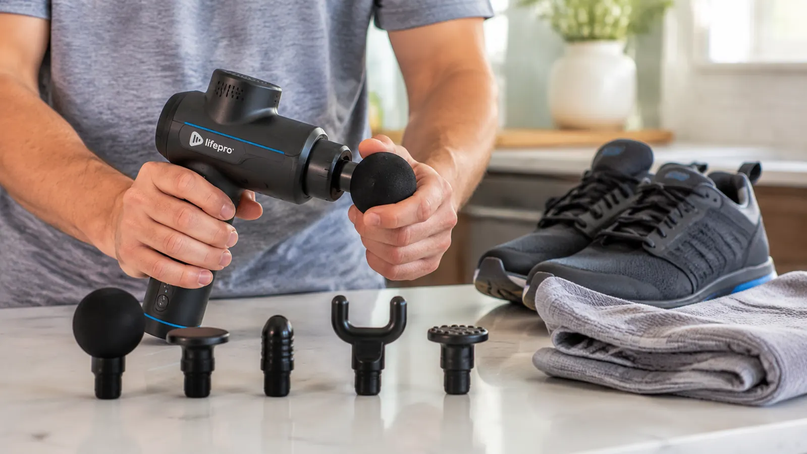 Massage gun and its attachment heads laid out on a kitchen table next to running shoes