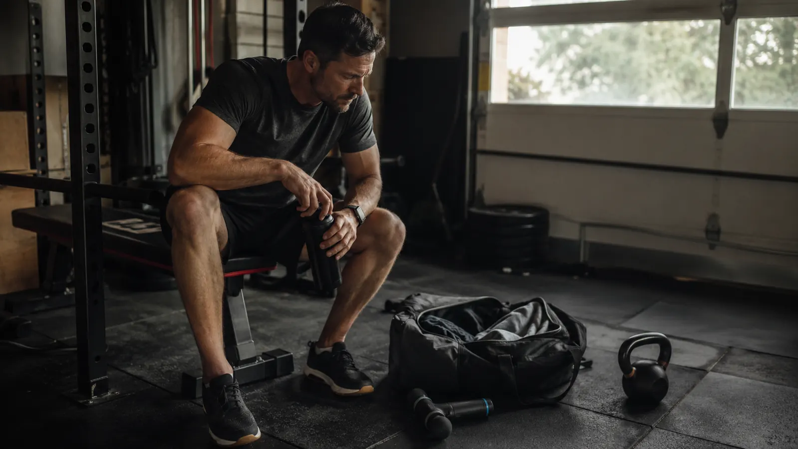 Man and training partner packing gym bag with massage gun visible inside before heading out