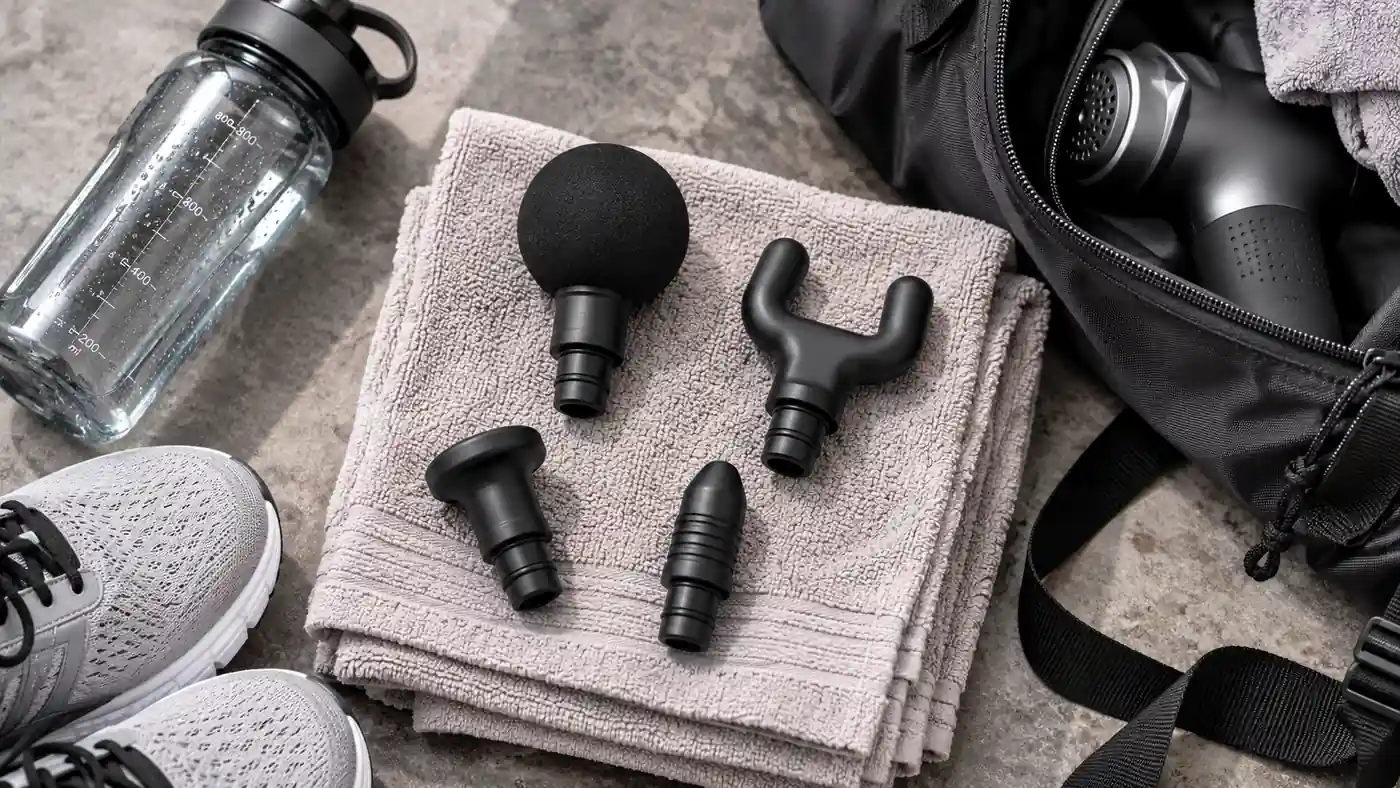 Lifepro massage gun attachment heads laid out on a towel next to a gym bag