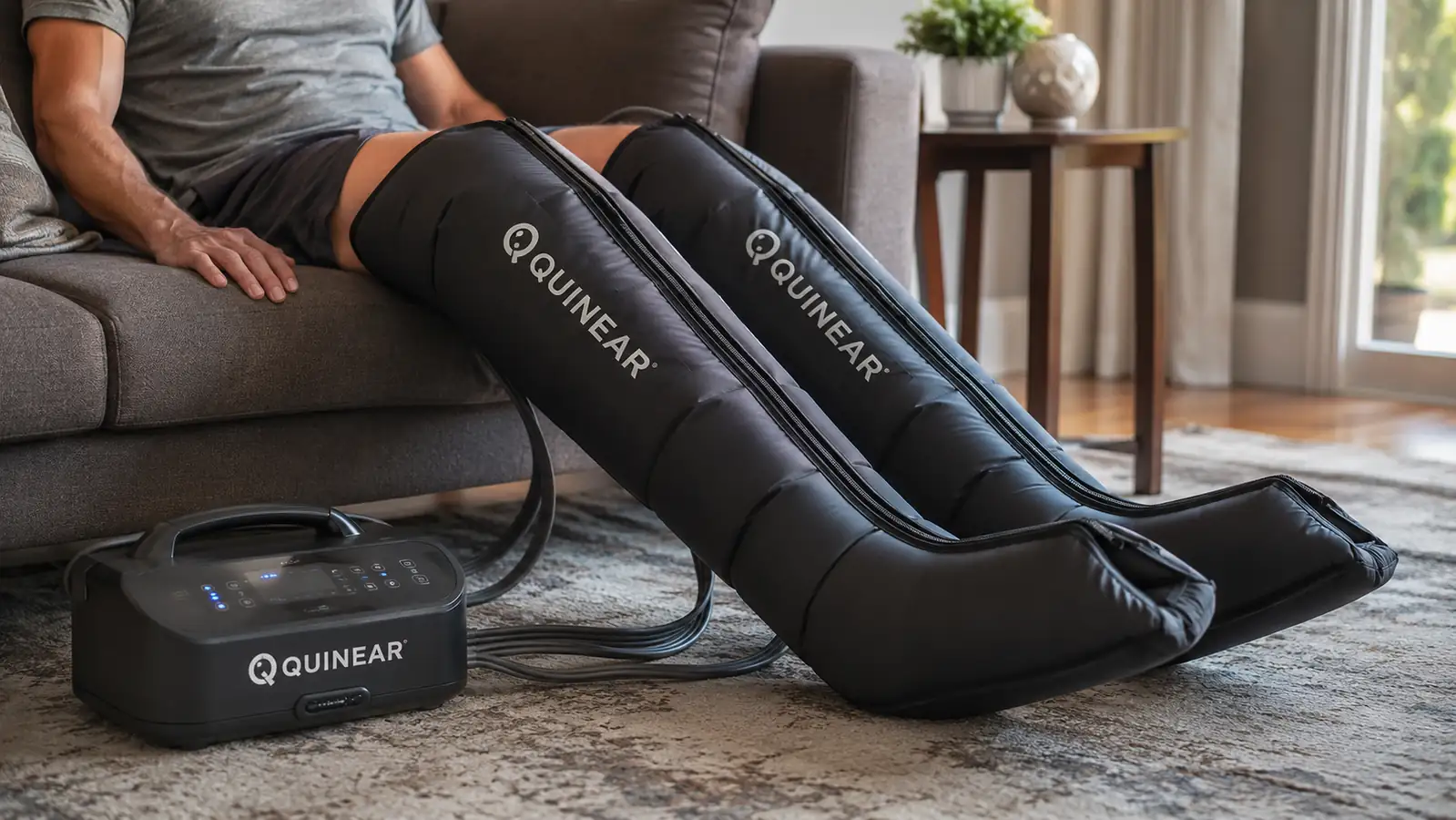 Close-up of QUINEAR compression boots wrapped around calves and feet, hoses connected to the control unit on the floor