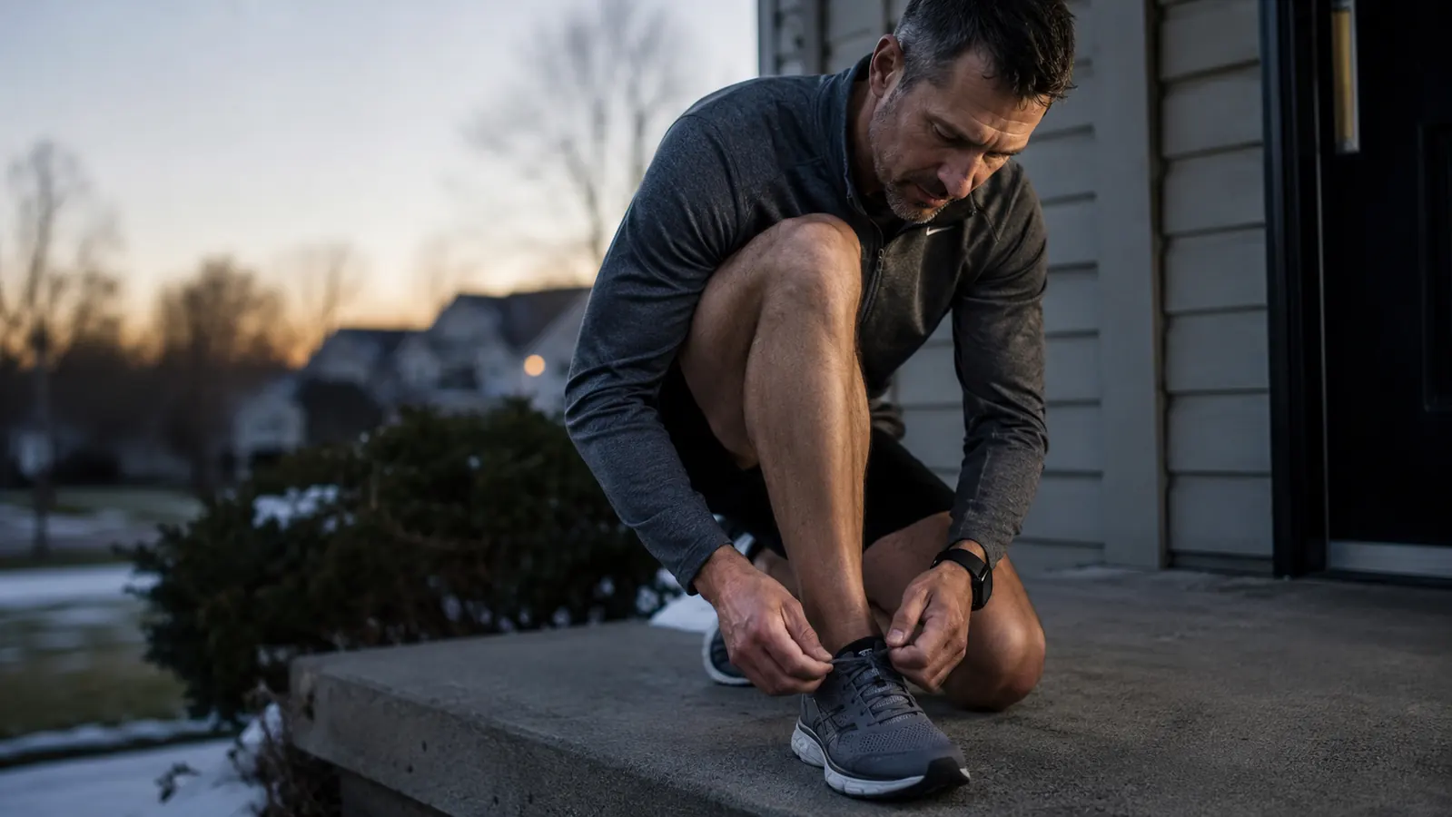 Man lacing up running shoes on his front porch early morning before a long training run
