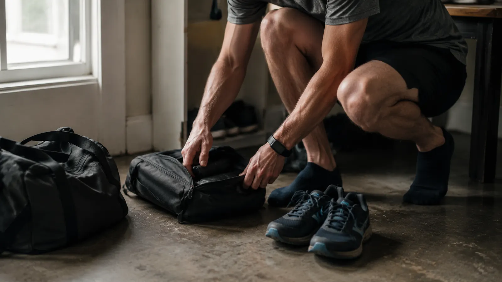 Compression boots packed into their carrying bag next to running shoes and a gym bag by the front door