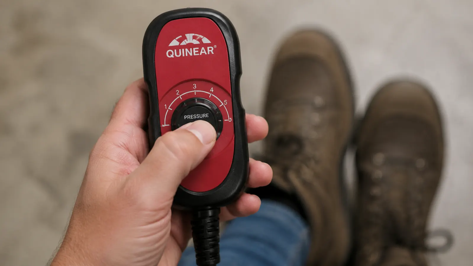 Close-up of a hand holding the QUINEAR control unit showing pressure and zone settings