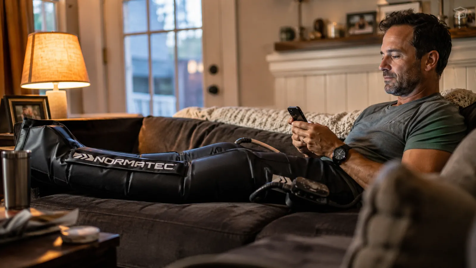Person sitting on a couch with compression boots on both legs, reading a book during a recovery session