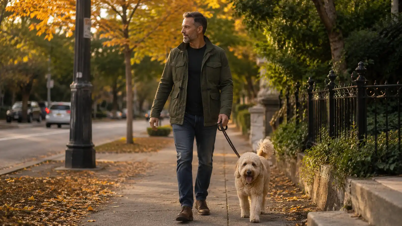 Man walking his dog on a neighborhood sidewalk at sunset, moving easily