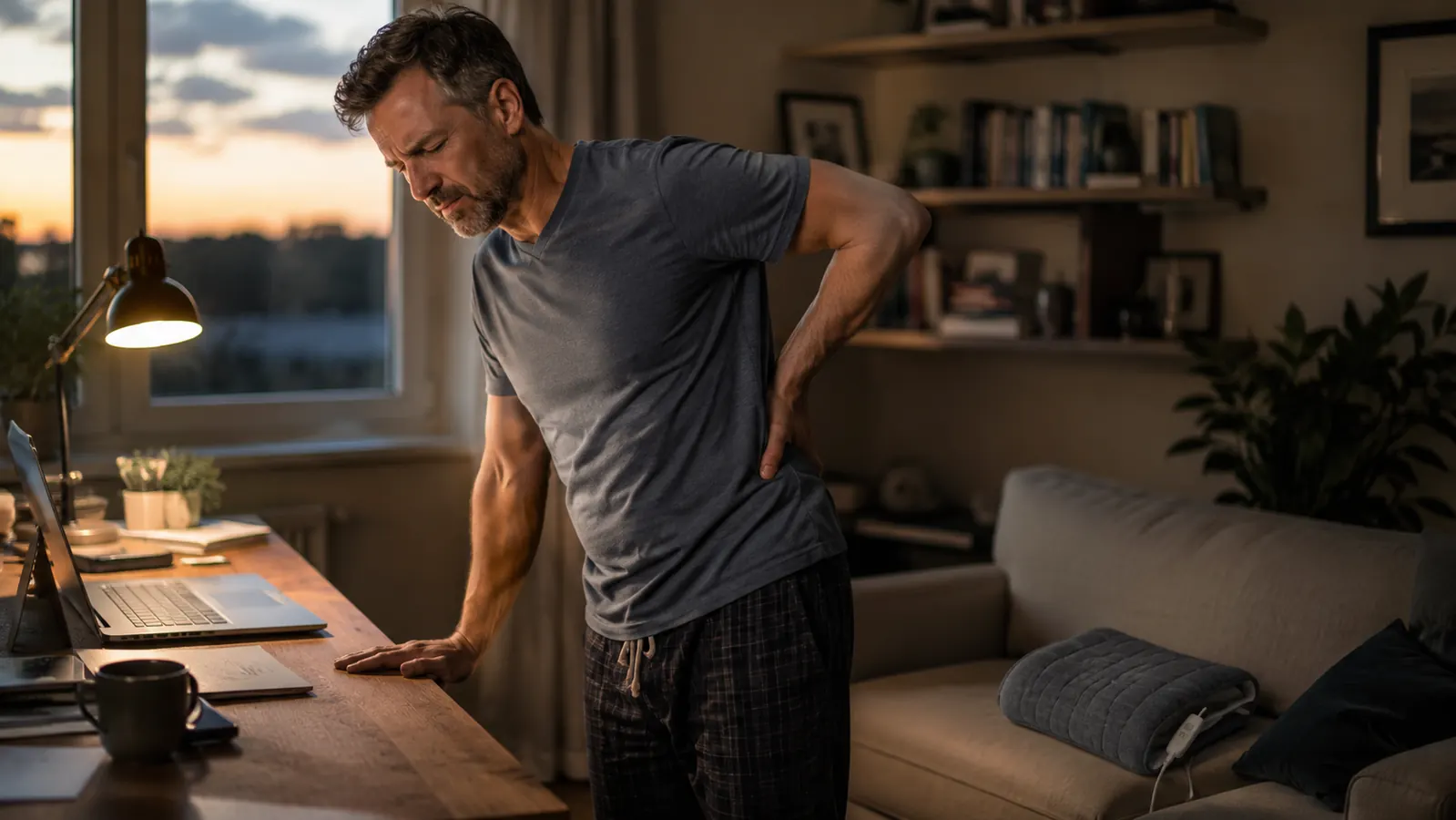 Man in his 40s stretching his lower back beside a couch in a home office, heating pad visible folded on the cushion behind him